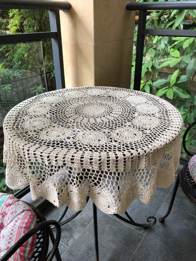 Damanni Beige Cotton Handmade Crochet Lace Tablecloth Doilies Table Overlay,Round,35 Inch - Image 2
